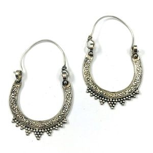 Vintage Afghan Silver Tone Earrings Tribal Hoops